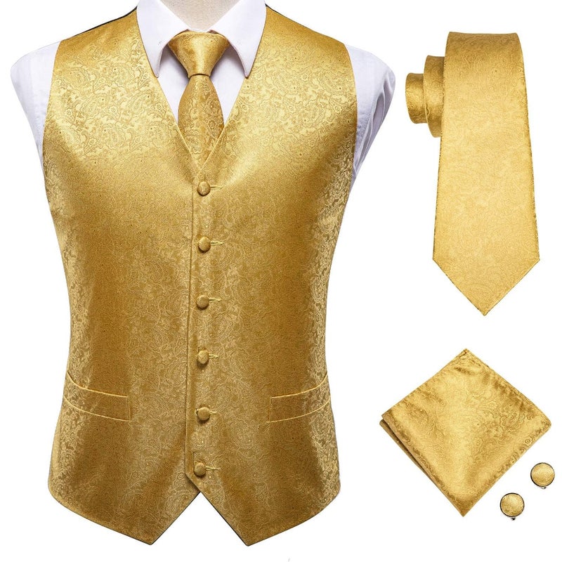 Hi-Tie Golden Silk Paisley Suit Vests for Mens Ties Vest Set Jacquard Formal Dress Waistcoat for Tuxedo Wedding Party Business - Image 1